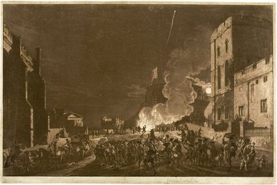 Castelo de Windsor do tribunal inferior no dia 5 de novembro - fogos de artifício de Paul Sandby
