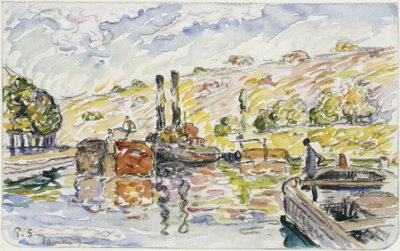Paisagem fluvial com rebocadores e barcaças de Paul Signac