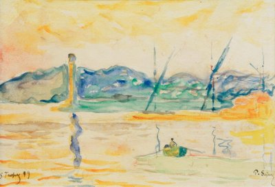 Entrada portuária de Saint-Tropez ao pôr do sol de Paul Signac