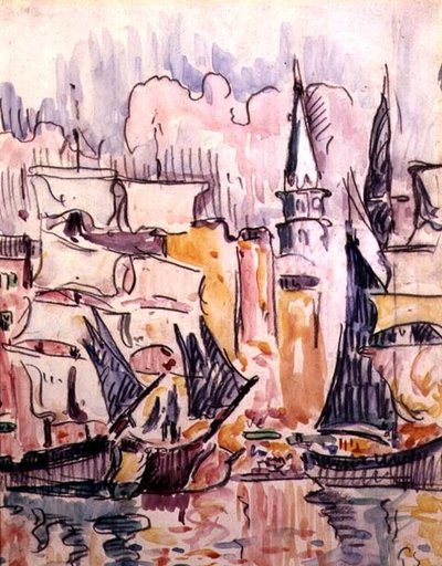 Barcos à Vela num Porto (aguarela e lápis) de Paul Signac