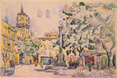 Praça do Hotel de Ville em Aix-en-Provence (caneta e tinta com aquarela e guache sobre papel) de Paul Signac