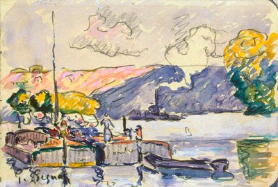 Duas barcaças, barcos e rebocadores em Samois, c1900. de Paul Signac