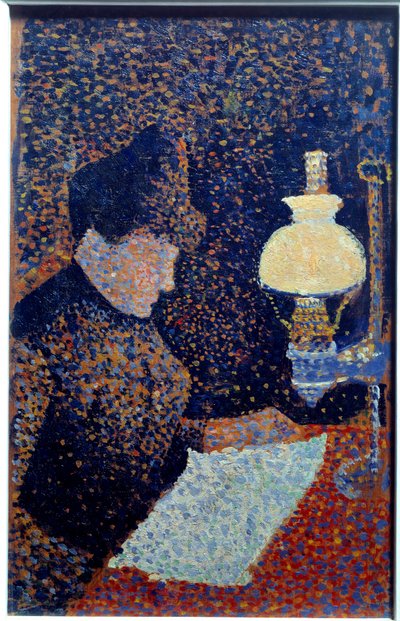 Mulher sob a lâmpada. Pontilhismo. Pintura de Paul Signac de Paul Signac