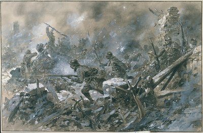 Primeira Guerra Mundial (1914-1918): “” Um contra-ataque na aldeia de Vaux em 1916 na frente de Verdun””” Aquarela de Paul Thiriat Paris. Musee, Des deux guerre mondiale DR - contra-ataque francês na aldeia de Vaux perto de Verdun de Paul Thiriat