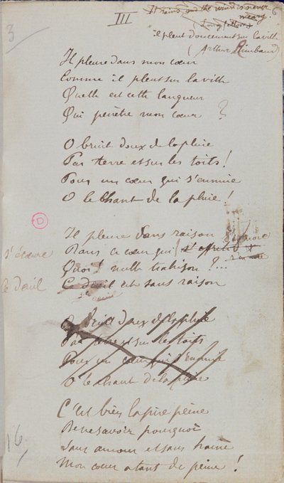&39;Chora no meu coração, como chove na cidade ...&39;, poema manuscrito de &39;Romances Without Words&39;, 1873 (caneta e tinta no papel) de Paul Verlaine