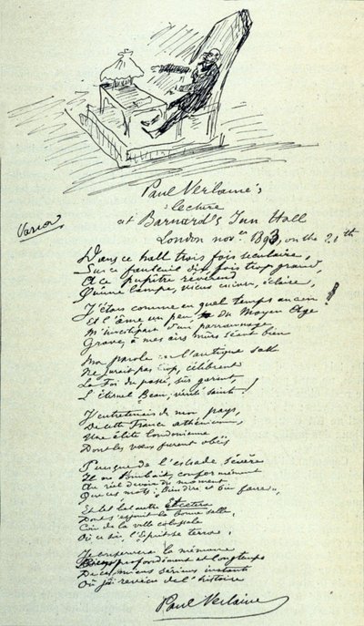 Sinal poético do poeta francês Paul Verlaine (1844-1896) com esboço do representante durante uma leitura. 21/11/1893 de Paul Verlaine