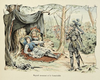 Ilustração retirada do livro "Histoire du chevalier Bayard", de Theodore Cahu, ilustrado por Paul De Semant (1855-1915): Bayard morrendo e Le Connetable de Bourbon 1524 de Paul de Semant