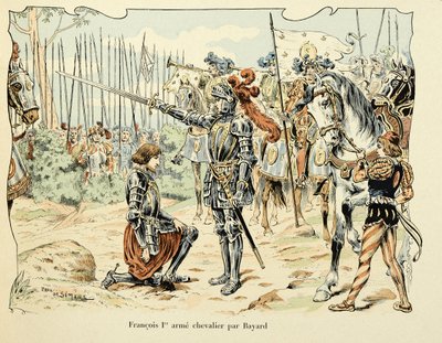 Ilustração retirada do livro "Histoire du chevalier Bayard", de Theodore Cahu, ilustrado por Paul De Semant (1855-1915): François 1, er arme chevalier par Bayard 1515 de Paul de Semant