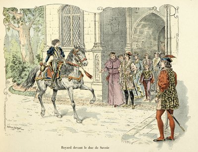 Ilustração retirada do livro "Histoire du chevalier Bayard", de Theodore Cahu, ilustrado por Paul De Semant (1855-1915): Bayard de 11 anos antes do Duque de Savoy 1486 de Paul de Semant