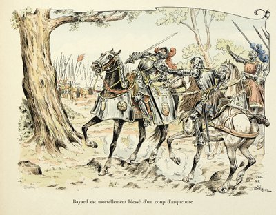 Ilustração retirada do livro "Histoire du chevalier Bayard", de Theodore Cahu, ilustrado por Paul De Semant (1855-1915): Bayard mortalmente feridas com um tiro de arquebuse 1524 de Paul de Semant