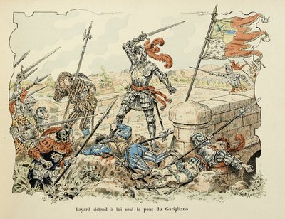 Ilustração retirada do livro "Histoire du chevalier Bayard", de Theodore Cahu, ilustrado por Paul De Semant (1855-1915): Bayard defende apenas a ponte de Garigliano 1504 de Paul de Semant