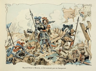 Ilustração retirada do livro "Histoire du chevalier Bayard", de Theodore Cahu, ilustrado por Paul De Semant (1855-1915): Bayard feriu um Brescia apoiado por um lansquenet 1512 de Paul de Semant