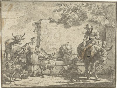 Mulher e um homem em um burro por uma fonte de água Paisagens Pastorais (título da série) de Paul van Somer (II)