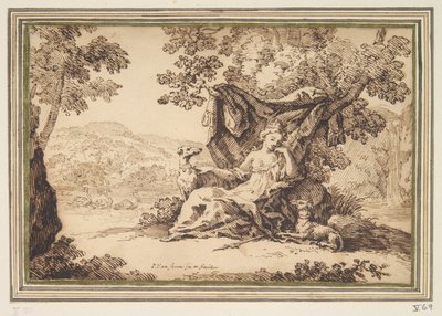 Mulher com dois cachorros sentados em uma paisagem de Paul van Somer