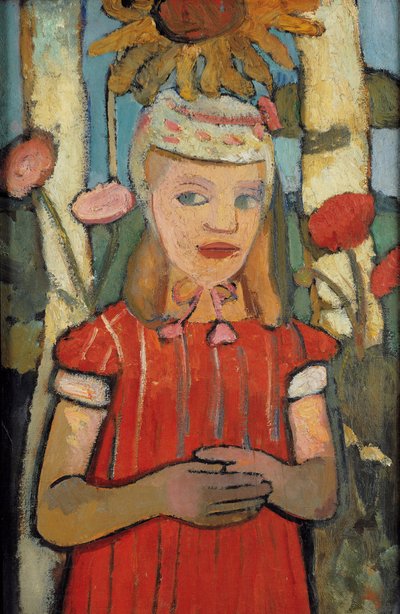 Garota de vestido vermelho na frente do girassol, 1907. de Paula Modersohn Becker