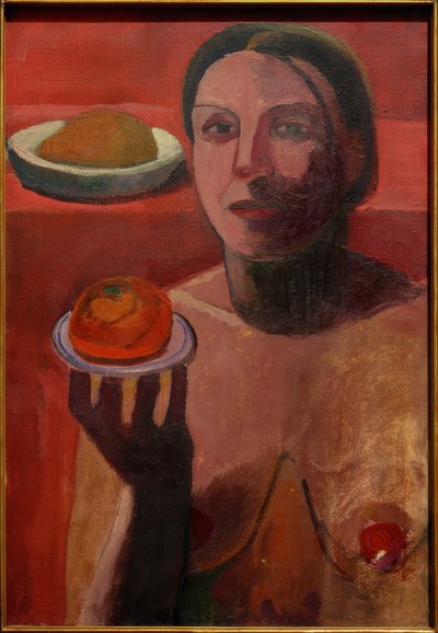 Meio ato de uma mulher italiana com um prato na mão levantada de Paula Modersohn Becker