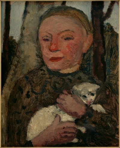 Menina com cordeiro (retrato de meio comprimento de uma menina com um cordeiro nos braços) de Paula Modersohn Becker