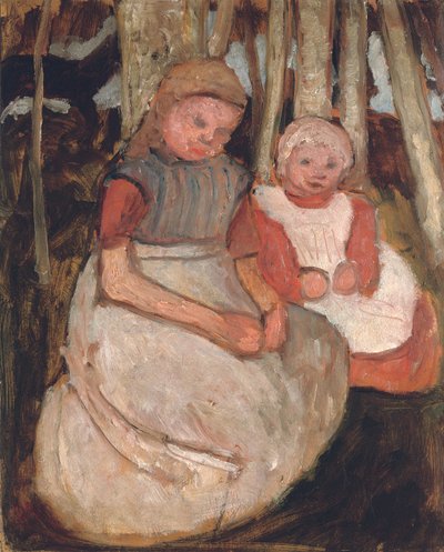 Duas meninas sentadas antes dos troncos de bétula; Duas meninas sentadas na frente de troncos de bétula, 1904 de Paula Modersohn Becker