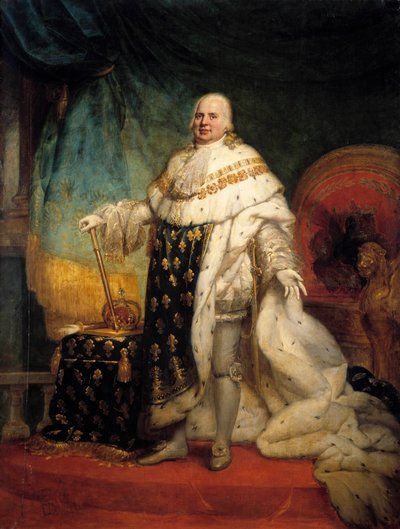Portrait en pied de Louis XVIII (1755-1824) en figurino de corre Pintura de Jean Baptiste Paulin-Guerin (Paulin Guerin) (1783-1855) 1824 Sol. 2,69 x 2,04 m - Retrato em corpo inteiro de Luís XVIII (1755-1824) em vestes de coroação. Pintura de Paulin Guerin de Paulin Jean Baptiste Guerin