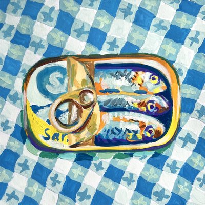 Sardinhas sobre xadrez azul de Pauline Wegman | Key and Sea Creative