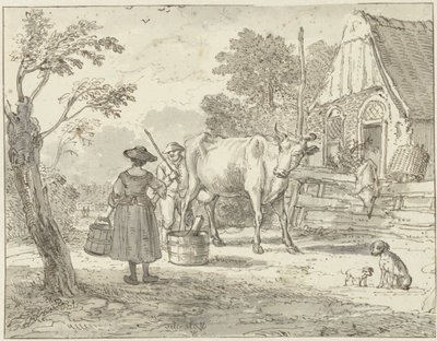Agricultores com uma vaca em frente da casa de Paulus Constantijn la Fargue