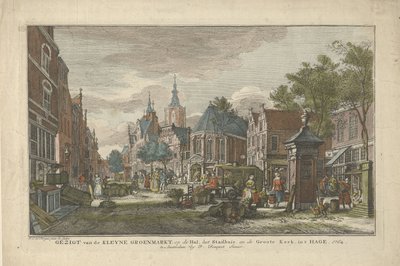 Vista do Mercado Verde Diário em Haia Vista do Kleyne Groenmarkt, no Hal, da Prefeitura e do Groote Kerk, em Haia (título no objeto) Oito rostos em Haia (título da série) de Paulus Constantijn la Fargue