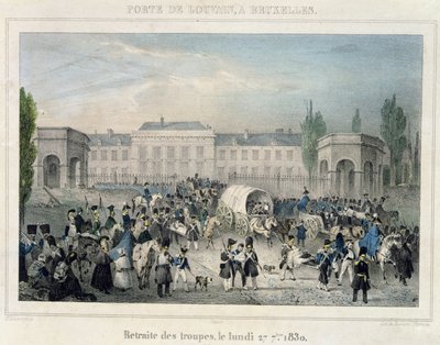 Porte de Louvain, Bruxelas: O Retiro das Tropas Holandesas, 27 de setembro de 1830, gravado por Dewasme-Pletinckx de Paulus Lauters