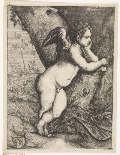 Amor meditando por um tronco de árvore de Paulus Moreelse