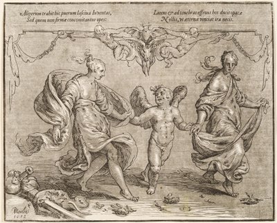 Cupido dançando com duas mulheres alegóricas de Paulus Moreelse