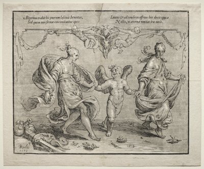 Cupido dançando com duas mulheres alegóricas de Paulus Moreelse