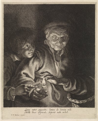 Mulher velha e rapaz com velas de Paulus Pontius
