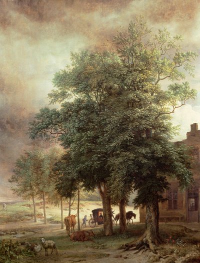 Paisagem com carruagem ou casa além das árvores de Paulus Potter
