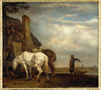 Dois cavalos na frente de uma cabana de camponês. de Paulus Potter