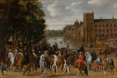 Os príncipes de Orange e suas famílias a cavalo, saindo de The Buitenhof, Haia, c. 1621-22 de Pauwels I van Hillegaert