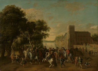 Príncipe Maurits, acompanhado pelo Príncipe Frederik Hendrik, Frederick V da Boémia e a sua Esposa Elizabeth Stuart, e outros, no Buitenhof, Haia de Pauwels van Hillegaert