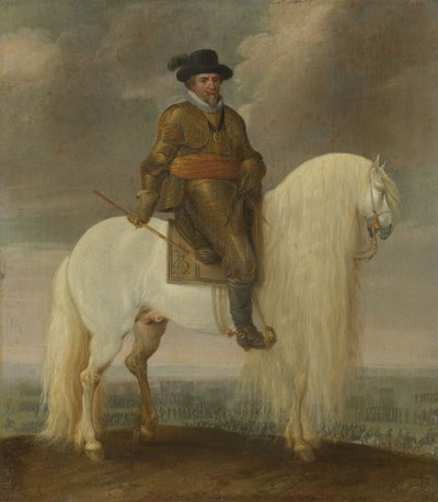 O Príncipe Maurício sentado no garanhão de batalha branco que lhe foi oferecido após a vitória na Batalha de Nieuwpoort. de Pauwels van Hillegaert