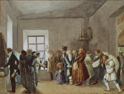 Sala de recepção dos comissários de polícia na noite anterior ao feriado de 1837 de Pavel Andreevich Fedotov