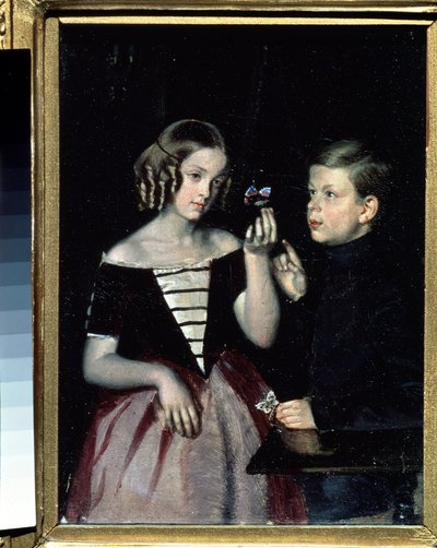 ""Retrato de duas crianças Gerbin contemplando uma borboleta"" Pintura de Pavel Fedotov (1815-1852) Por volta de 1851 Museu Estatal Russo, São Petersburgo de Pavel Andreevich Fedotov