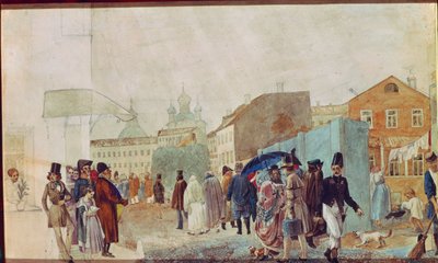 Cena de rua na chuva em Moscou. Obra de Pavel Andreyevich Fedotov (1815-1852), aquarela sobre papel de Pavel Andreevich Fedotov