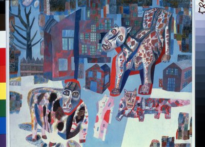Animais. Monstros gigantes que invadem as ruas de uma cidade. Trabalho de Pavel Nikolayevich Filonov (1883-1941), óleo sobre papel de Pawel Nikolajewitsch Filonow