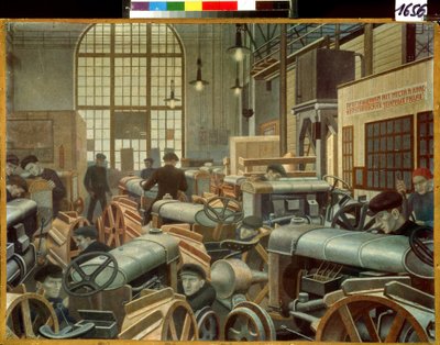 A oficina de montagem de tractores na fábrica de Putilov (São Petersburgo, Rússia). Pintura de Pavel Nikolayevich Filonov (1883-1941), óleo sobre tela de Pawel Nikolajewitsch Filonow