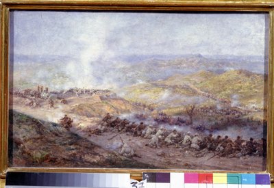 Uma cena da Guerra Russo-Turca (1876-1878) (Uma Cena da Guerra Russo-Turca). Campo de batalha nos Balcãs, onde os soldados do exército russo e do Império Otomano se enfrentam, durante o cerco de Pleven (ou Plevna, na Bulgária), em 1877. Pintura de Pavel Osipovich Kovalevsky