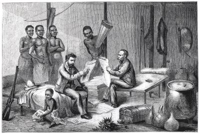 Livingstone e Stanley recebendo jornais na África Central, 1871-1873 de Pearson
