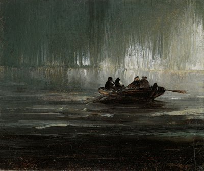 Luzes do Norte sobre quatro homens num barco a remos de Peder Balke