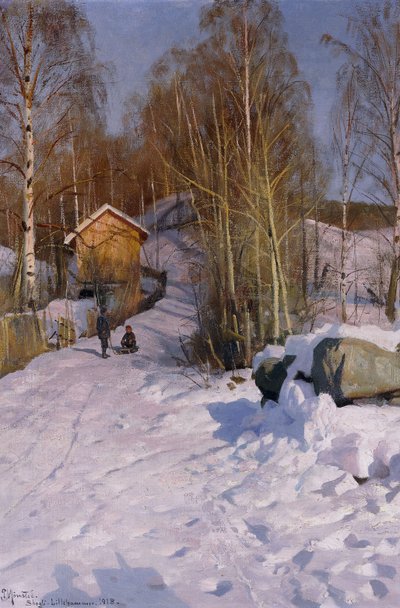 Uma paisagem de inverno com crianças andando de trenó de Peder Monsted