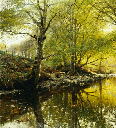 Uma paisagem de rio arborizado de Peder Monsted