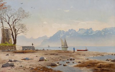 Lago de Genebra com Tour Haldimand - Pintura de P.Mönsted de Peder Monsted