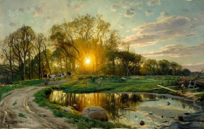 Regresso a casa de vacas ao pôr do sol de Peder Monsted