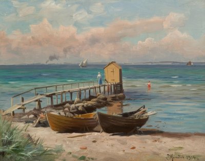 P.Mönsted, Badehäuschen am Strand de Peder Monsted