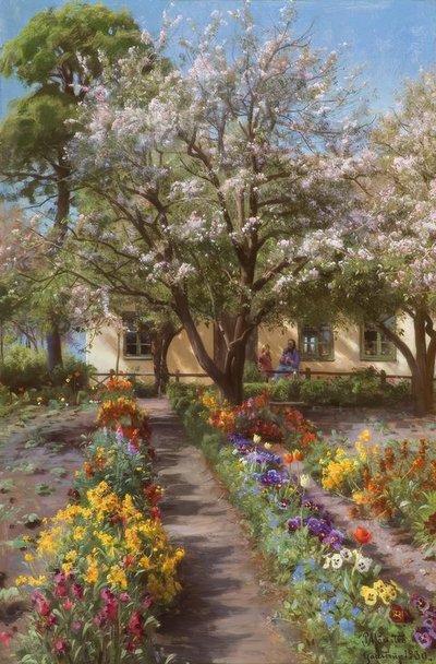 P.Mönsted, jardim florescendo na primavera de Peder Monsted